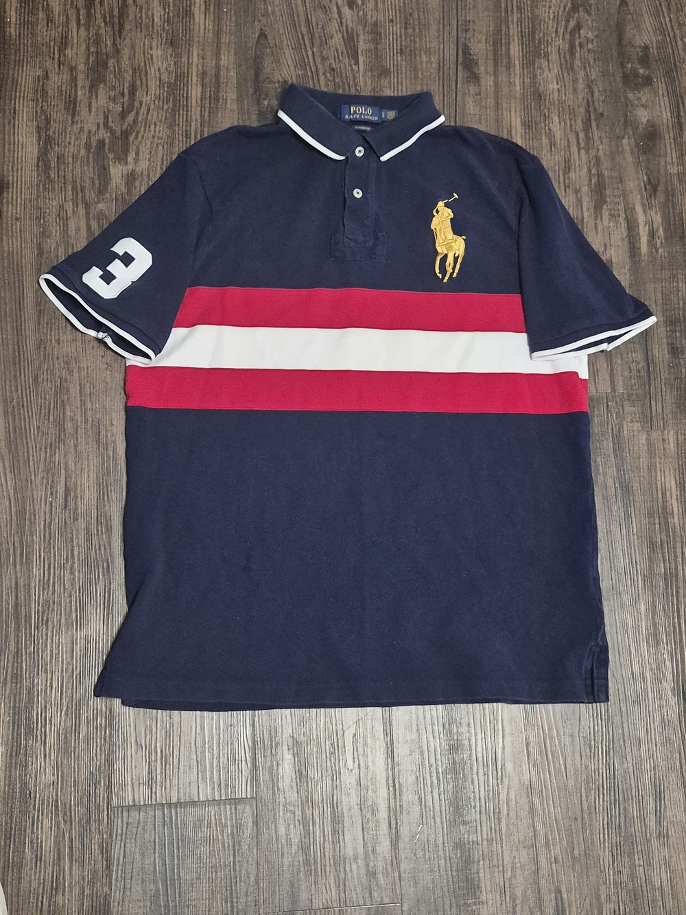Ralph Lauren Navy Polo with Red and White Stripes and Yellow Big Pony